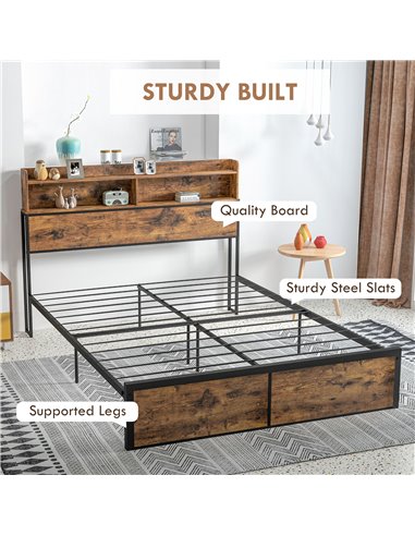 HOMCOM Industrial King Bed Frame, 5.2FT Steel Bed Base with Storage Headboard, Footboard, Slatted Support and Under Bed Storage,