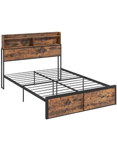 HOMCOM Industrial Double Bed Frame, 4.8FT Steel Bed Base with Storage Headboard, Footboard, Slatted Support and Under Bed Storag