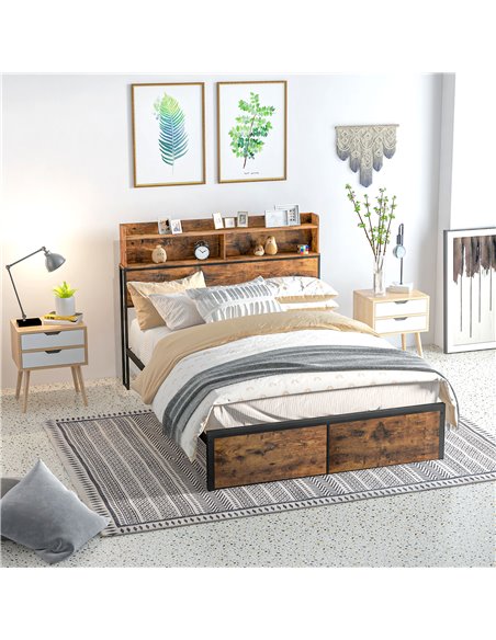 HOMCOM Industrial Double Bed Frame, 4.8FT Steel Bed Base with Storage Headboard, Footboard, Slatted Support and Under Bed Storag - pic 108567 | FastDaddyshop