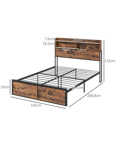 HOMCOM Industrial Double Bed Frame, 4.8FT Steel Bed Base with Storage Headboard, Footboard, Slatted Support and Under Bed Storag
