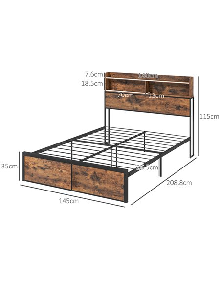 HOMCOM Industrial Double Bed Frame, 4.8FT Steel Bed Base with Storage Headboard, Footboard, Slatted Support and Under Bed Storag - pic 108568 | FastDaddyshop