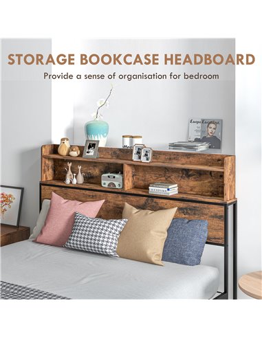 HOMCOM Industrial Double Bed Frame, 4.8FT Steel Bed Base with Storage Headboard, Footboard, Slatted Support and Under Bed Storag