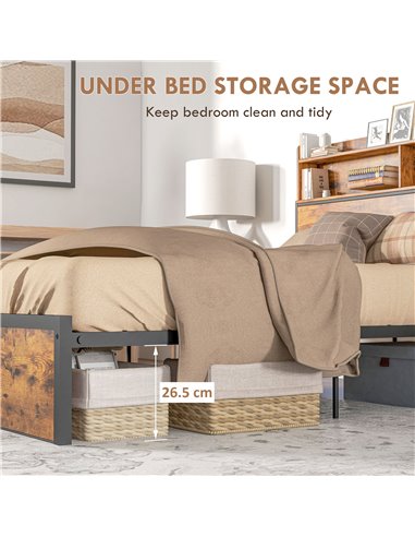 HOMCOM Industrial Double Bed Frame, 4.8FT Steel Bed Base with Storage Headboard, Footboard, Slatted Support and Under Bed Storag