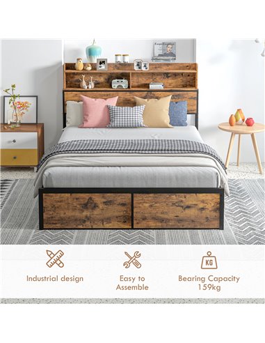 HOMCOM Industrial Double Bed Frame, 4.8FT Steel Bed Base with Storage Headboard, Footboard, Slatted Support and Under Bed Storag