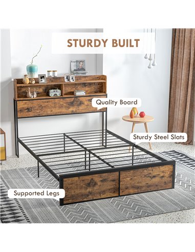 HOMCOM Industrial Double Bed Frame, 4.8FT Steel Bed Base with Storage Headboard, Footboard, Slatted Support and Under Bed Storag