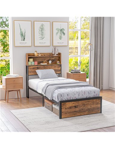 HOMCOM Industrial Single Bed Frame, 3.1FT Steel Bed Base with Storage Headboard, Footboard, Slatted Support and Under Bed Storag