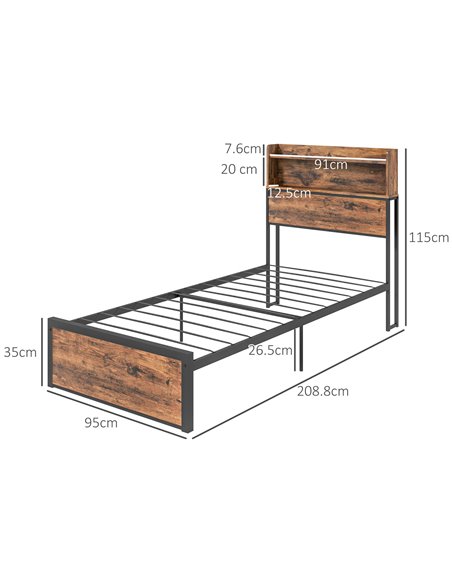 HOMCOM Industrial Single Bed Frame, 3.1FT Steel Bed Base with Storage Headboard, Footboard, Slatted Support and Under Bed Storag - pic 108577 | FastDaddyshop