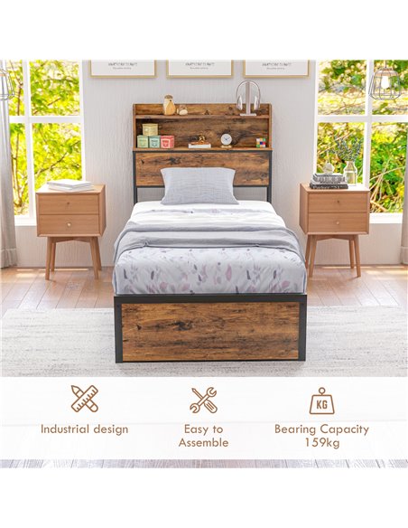 HOMCOM Industrial Single Bed Frame, 3.1FT Steel Bed Base with Storage Headboard, Footboard, Slatted Support and Under Bed Storag - pic 108580 | FastDaddyshop