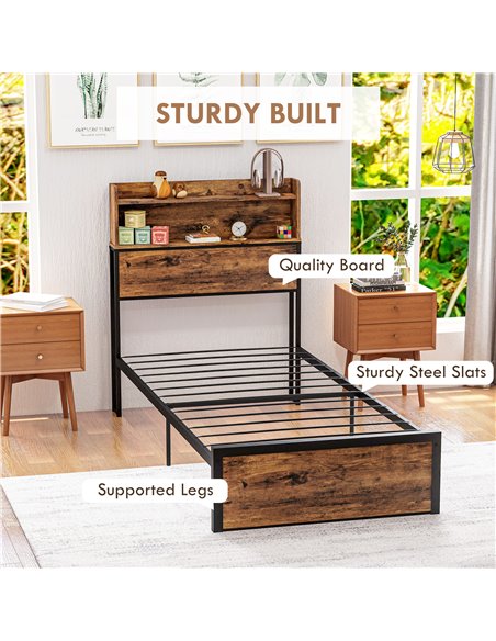 HOMCOM Industrial Single Bed Frame, 3.1FT Steel Bed Base with Storage Headboard, Footboard, Slatted Support and Under Bed Storag - pic 108581 | FastDaddyshop