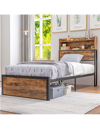 HOMCOM Industrial Single Bed Frame, 3.1FT Steel Bed Base with Storage Headboard, Footboard, Slatted Support and Under Bed Storag