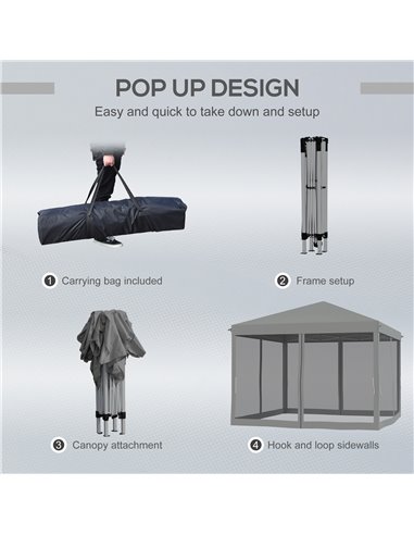 Outsunny 3 x 3�� m Pop Up Gazebo, Garden Tent with Removable Mesh Sidewall Netting, Carry Bag for Backyard Patio Outdoor Light G