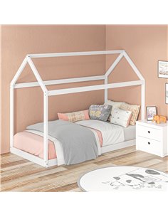 HOMCOM Single Bed Frame, House Scandinavian Style Wooden Bed Frame for 90W x 190Dcm Mattress, Pine Wood Bed Base, White 831-821V 2