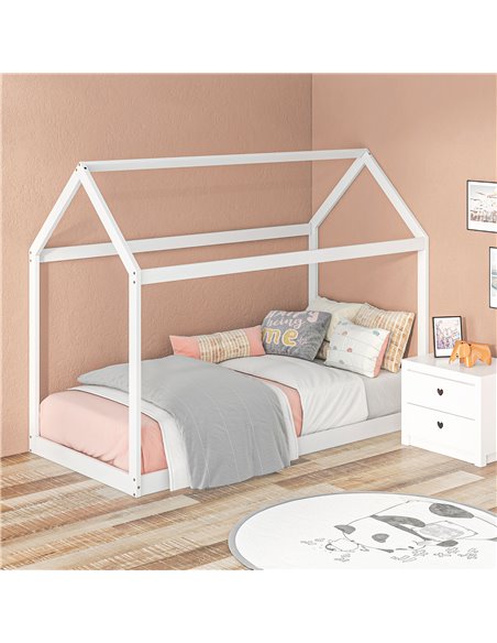 HOMCOM Single Bed Frame, House Scandinavian Style Wooden Bed Frame for 90W x 190Dcm Mattress, Pine Wood Bed Base, White 831-821V - pic 108621 | FastDaddyshop