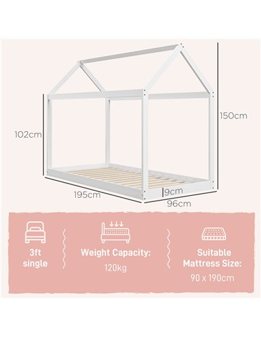HOMCOM Single Bed Frame, House Scandinavian Style Wooden Bed Frame for 90W x 190Dcm Mattress, Pine Wood Bed Base, White 831-821V