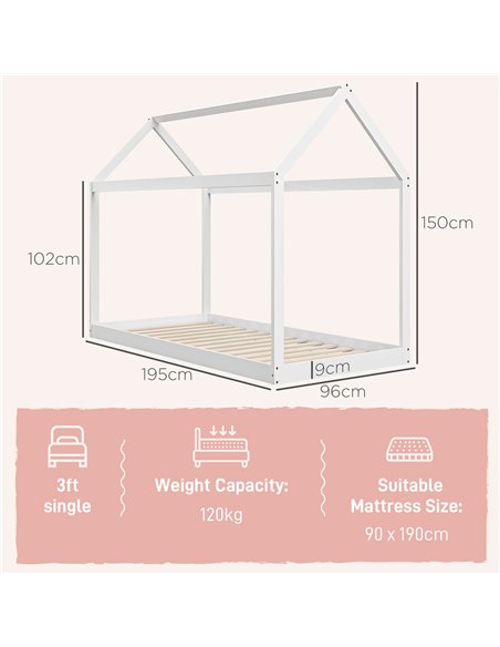 HOMCOM Single Bed Frame, House Scandinavian Style Wooden Bed Frame for 90W x 190Dcm Mattress, Pine Wood Bed Base, White 831-821V - pic 108622 | FastDaddyshop