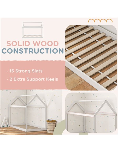 HOMCOM Single Bed Frame, House Scandinavian Style Wooden Bed Frame for 90W x 190Dcm Mattress, Pine Wood Bed Base, White 831-821V - pic 108625 | FastDaddyshop