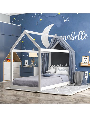 HOMCOM Single Bed Frame, House Scandinavian Style Wooden Bed Frame for 90W x 190Dcm Mattress, Pine Wood Bed Base, White 831-821V