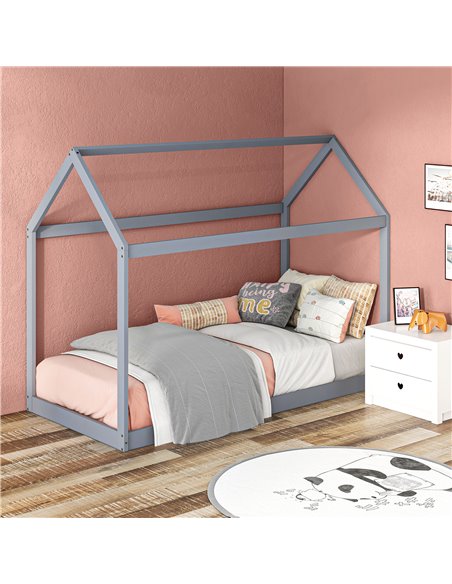 HOMCOM Single Bed Frame, House Scandinavian Style Wooden Bed Frame for 90W x 190Dcm Mattress, Pine Wood Bed Base, Grey 831-821V0 - pic 108630 | FastDaddyshop