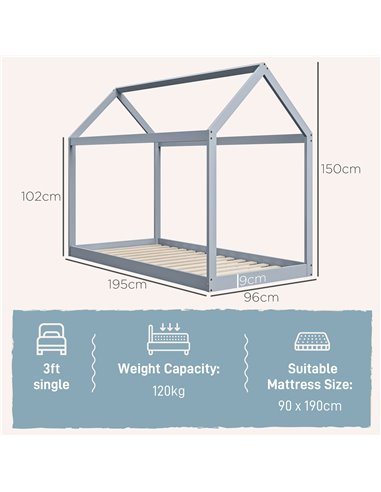 HOMCOM Single Bed Frame, House Scandinavian Style Wooden Bed Frame for 90W x 190Dcm Mattress, Pine Wood Bed Base, Grey 831-821V0