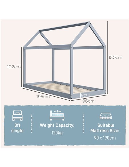 HOMCOM Single Bed Frame, House Scandinavian Style Wooden Bed Frame for 90W x 190Dcm Mattress, Pine Wood Bed Base, Grey 831-821V0 - pic 108631 | FastDaddyshop