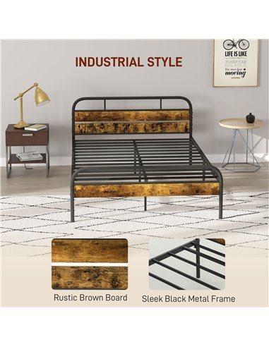 HOMCOM Industrial-Style Double Bed Frame - Black/Brown 831-869V01RB