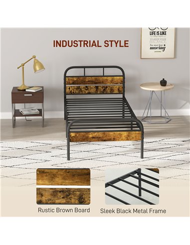 HOMCOM Industrial-Style Single Bed Frame - Black/Brown 831-869V00RB