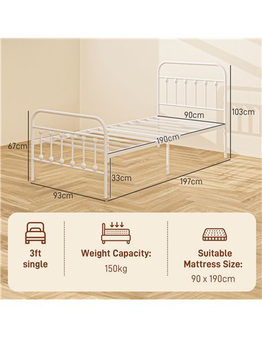 HOMCOM Single Minimalistic Metal Bed Frame - White 831-791V00WT