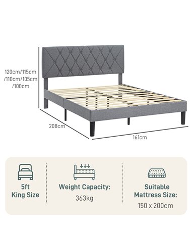 HOMCOM King Size Padded Fabric Headboard Bed Frame - Grey 831-912V71GY