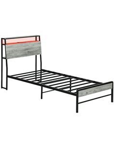 HOMCOM Single Steel Bed Frame, with LED Lights and Headboard Shelf - Grey 831-813V70GY