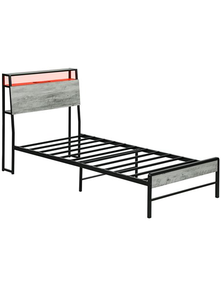HOMCOM Single Steel Bed Frame, with LED Lights and Headboard Shelf - Grey 831-813V70GY - pic 108701 | FastDaddyshop
