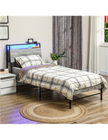 HOMCOM Single Steel Bed Frame, with LED Lights and Headboard Shelf - Grey 831-813V70GY