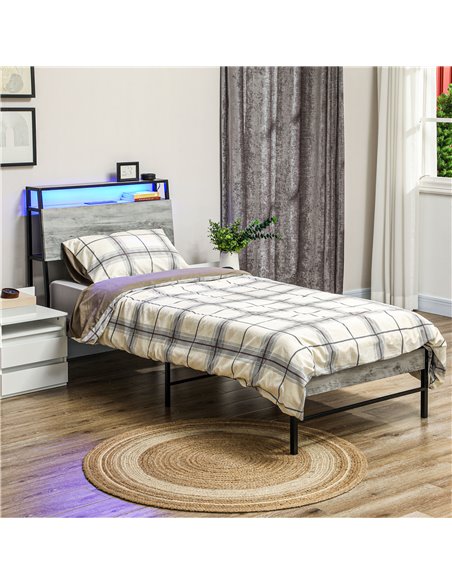 HOMCOM Single Steel Bed Frame, with LED Lights and Headboard Shelf - Grey 831-813V70GY - pic 108702 | FastDaddyshop