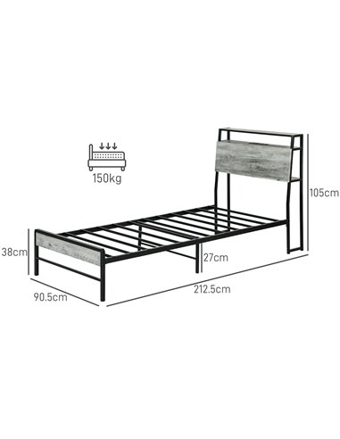 HOMCOM Single Steel Bed Frame, with LED Lights and Headboard Shelf - Grey 831-813V70GY