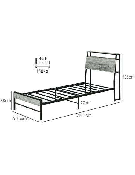 HOMCOM Single Steel Bed Frame, with LED Lights and Headboard Shelf - Grey 831-813V70GY - pic 108703 | FastDaddyshop