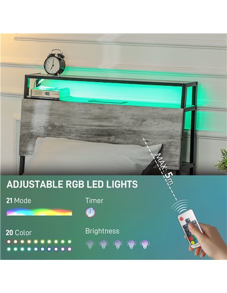 HOMCOM Single Steel Bed Frame, with LED Lights and Headboard Shelf - Grey 831-813V70GY - pic 108704 | FastDaddyshop