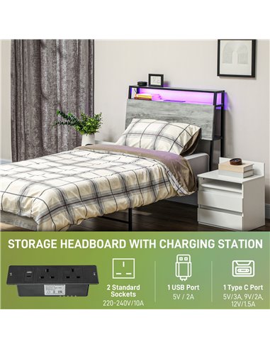 HOMCOM Single Steel Bed Frame, with LED Lights and Headboard Shelf - Grey 831-813V70GY