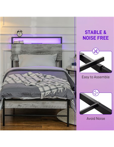 HOMCOM Single Steel Bed Frame, with LED Lights and Headboard Shelf - Grey 831-813V70GY - pic 108706 | FastDaddyshop