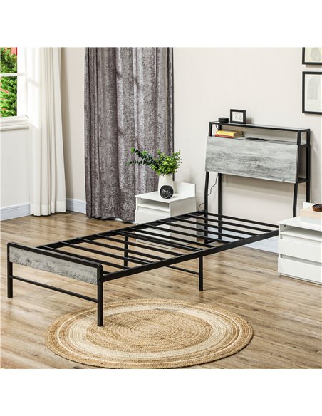 HOMCOM Single Steel Bed Frame, with LED Lights and Headboard Shelf - Grey 831-813V70GY - pic 108709 | FastDaddyshop