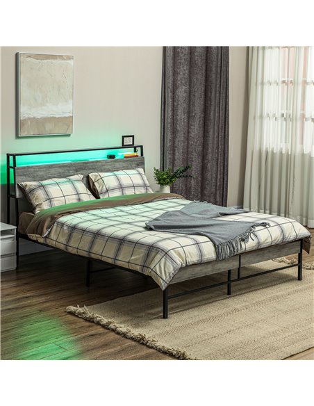 HOMCOM Double Steel Bed Frame, with LED Lights and Headboard Shelf - Grey 831-813V71GY - pic 108720 | FastDaddyshop
