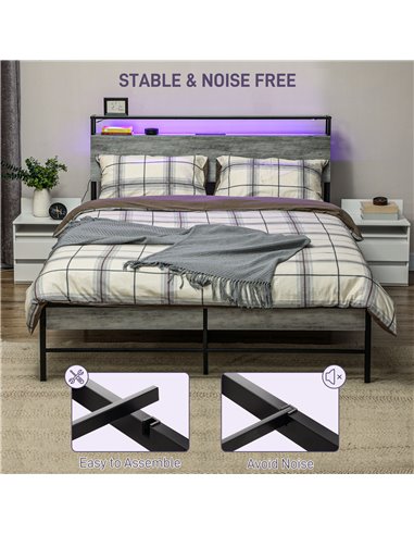 HOMCOM Double Steel Bed Frame, with LED Lights and Headboard Shelf - Grey 831-813V71GY