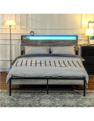 HOMCOM Double Steel Bed Frame, with LED Lights and Headboard Shelf - Grey 831-813V71GY