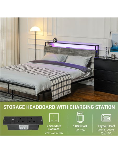 HOMCOM King Steel Bed Frame, with LED Lights and Headboard Shelf - Grey 831-813V72GY - pic 108732 | FastDaddyshop