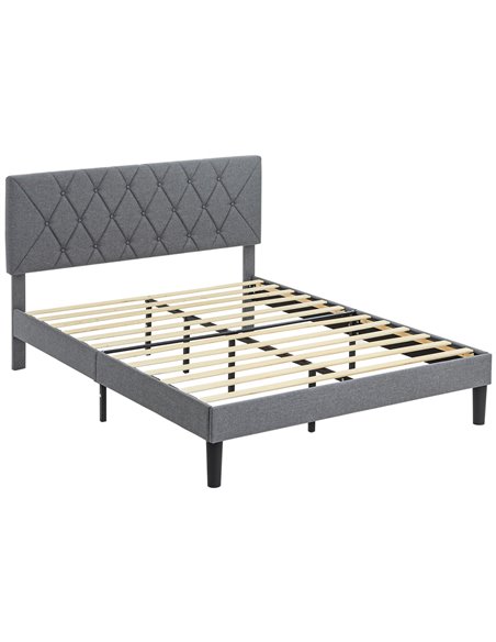 HOMCOM Double Bed Frame with 5-Level Adjustable Linen Upholstered Headboard, Wooden Slats Mattress Foundation, No Box Spring Nee - pic 108737 | FastDaddyshop