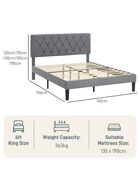 HOMCOM Double Bed Frame with 5-Level Adjustable Linen Upholstered Headboard, Wooden Slats Mattress Foundation, No Box Spring Nee - pic 108739 | FastDaddyshop
