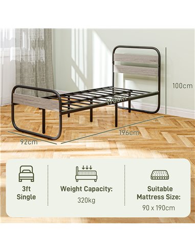 HOMCOM 3ft Single Bed Frame, Industrial Style Metal Platform Bed Frame with Under Bed Storage, No Box Spring Needed, Easy Assemb