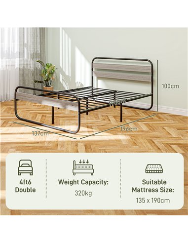 HOMCOM 4ft6 Double Bed Frame, Industrial Style Metal Platform Bed Frame with Under Bed Storage, No Box Spring Needed, Easy Assem