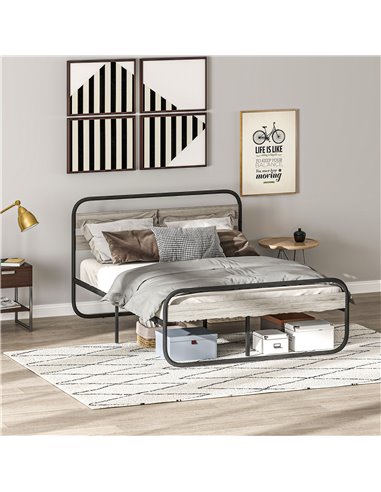 HOMCOM 4ft6 Double Bed Frame, Industrial Style Metal Platform Bed Frame with Under Bed Storage, No Box Spring Needed, Easy Assem