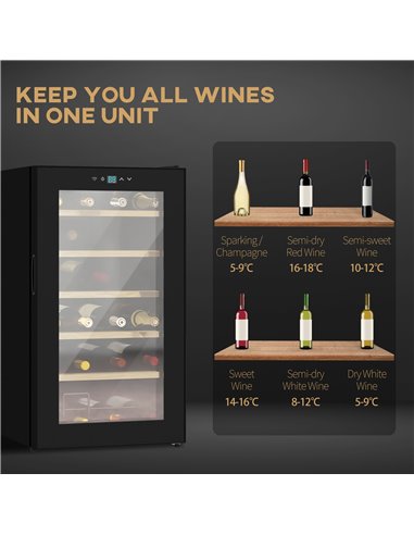HOMCOM 24 Bottles Freestanding Wine Fridge with Glass Door, 65 Litres Single Zone Wine Cooler Fridge with Digital Touch Screen C