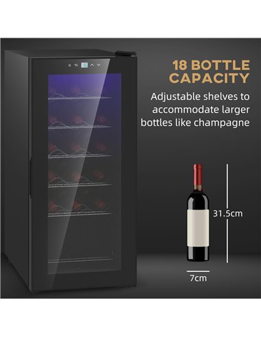 HOMCOM 50L Wine Cooler, 18 Bottles Freestanding Wine Fridge with Glass Door, LED Light, Temperature Control and Digital Touch Sc