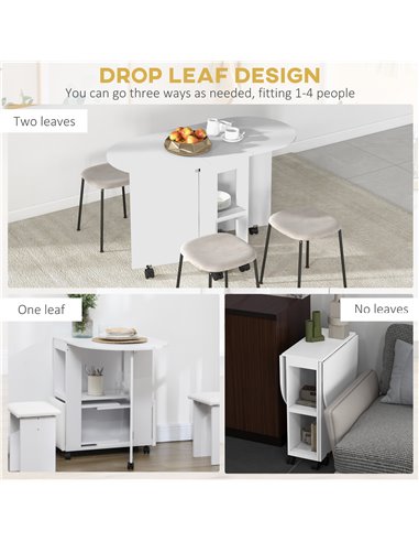 HOMCOM Four-Person Drop Leaf Dining Table, with Wheels - White 835-957V00WT